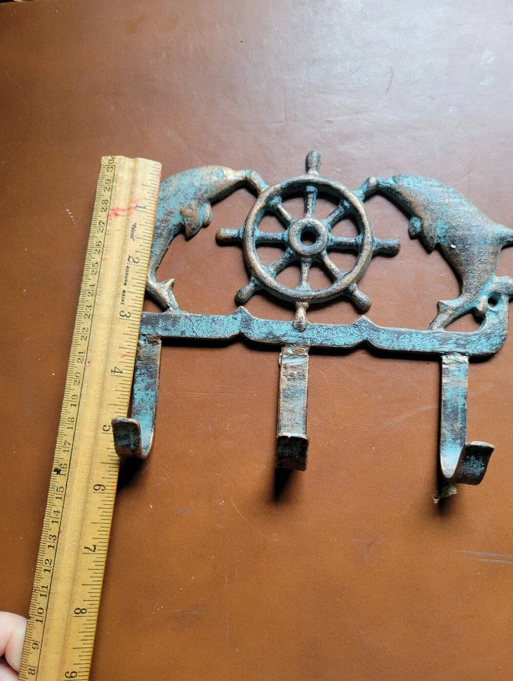Cast Iron Nautical Dolphin and Ship's Wheel Key Hook Rack